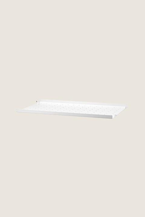 Bolina white powder-coated steel shelf with low edge for String System, 58x30 cm with perforated surface.