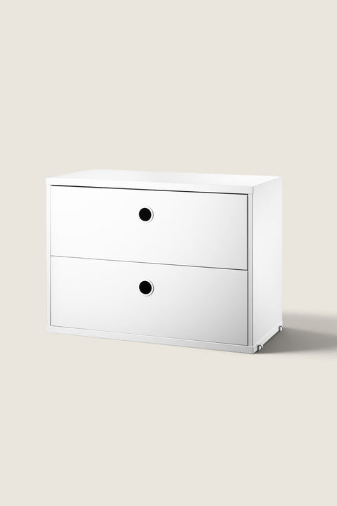 Bolina white String System drawer unit with two drawers made of lacquered MDF for modular shelving storage.