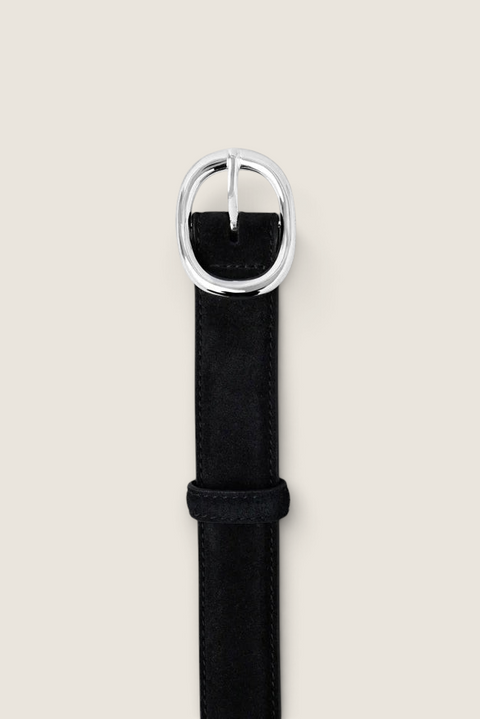 Bolina Wyatt wide black suede belt with a polished silver-toned oval buckle on a neutral background