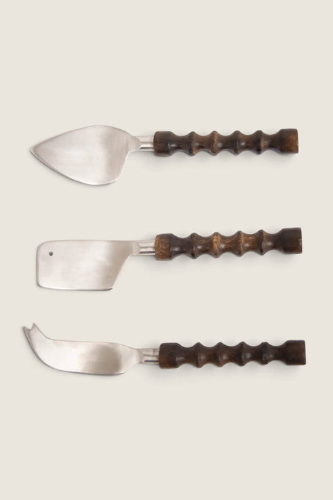 Bolina Zaki 3-piece cheese knife set with stainless steel blades and decorative carved mango wood handles.