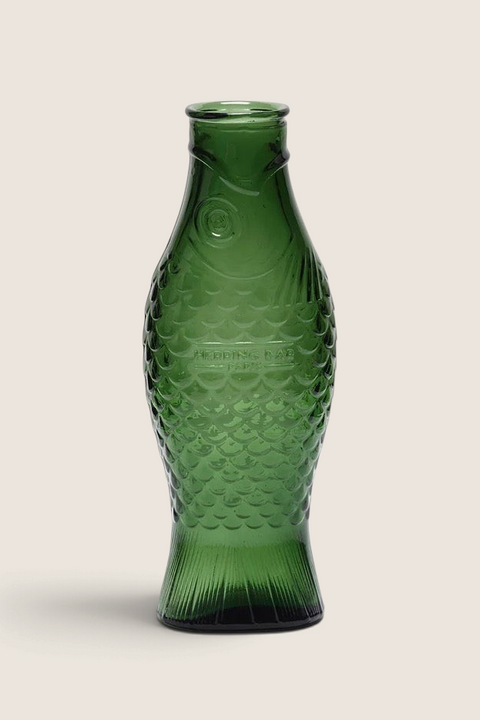 Bolina Fish & Fish dark green glass carafe shaped like a fish with detailed scales and fins by Paola Navone