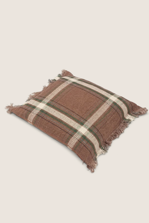 Bolina Rowan square cushion cover in warm brown with green and natural check pattern and decorative frayed edges