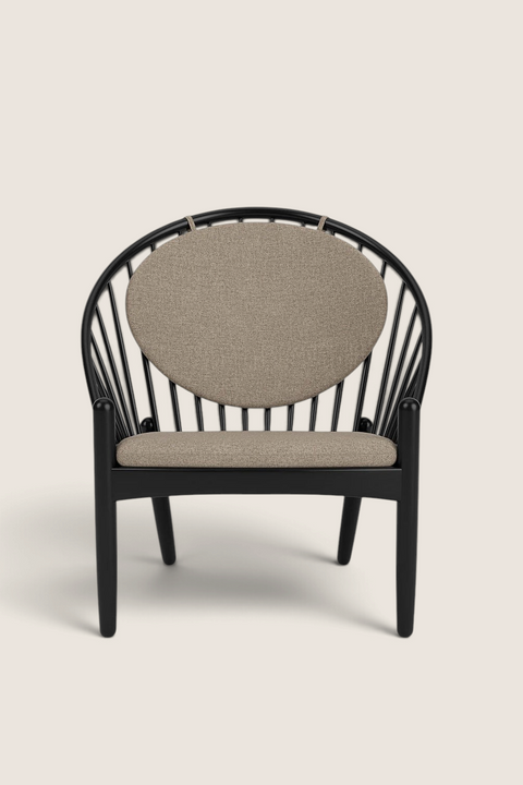 Bolina J166 Jørna lounge chair by Poul M. Volther with black oak frame and light grey wool-linen blend cushions.