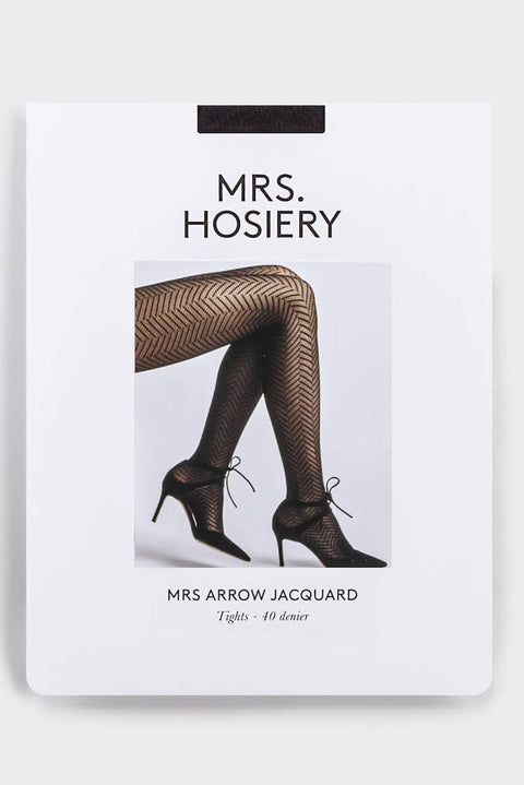 Bolina Mrs. Hosiery black 40 denier tights with a chevron arrow jacquard pattern worn with black high heels