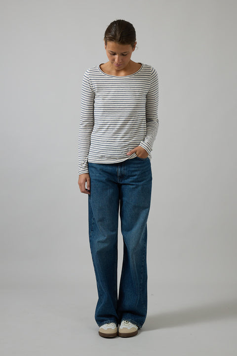 Genser - Stripe Open Neck Tee Stone