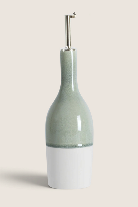 Bolina Jars Maguelone Cachemire handmade ceramic oil bottle in grey with a glossy crackle glaze and metal pourer.