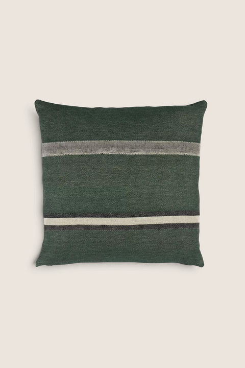Bolina 50x50cm linen pillow cover in racing green with black and off-white graphic stripes and woven texture.