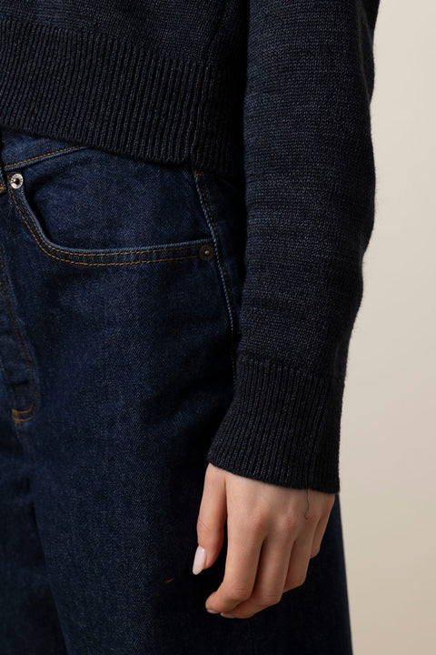 Cardigan - Wool Linen Patch Pocket Dark Navy