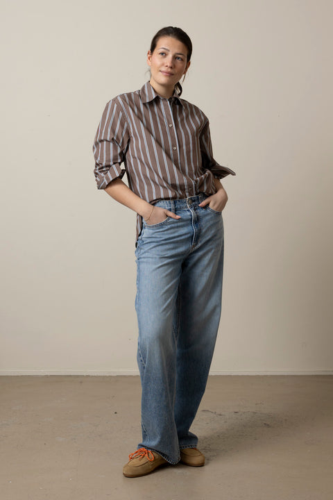 Skjorte - Stripe Button Down Shirt Brown Multi