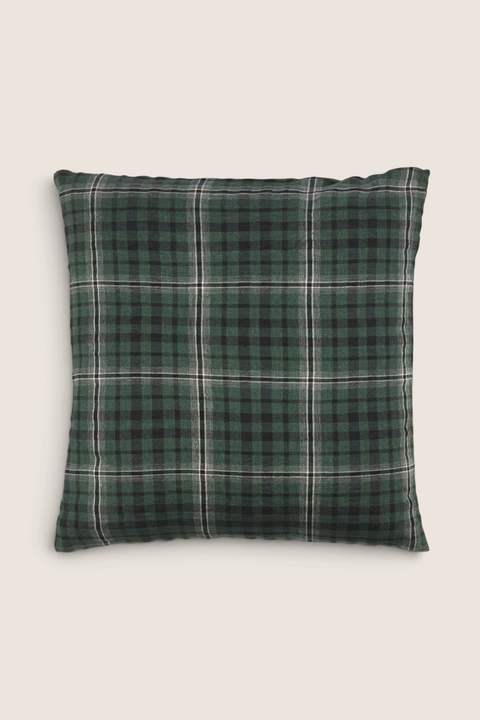 Bolina Jack square linen cushion cover in a green, charcoal, black, and off-white plaid twill pattern
