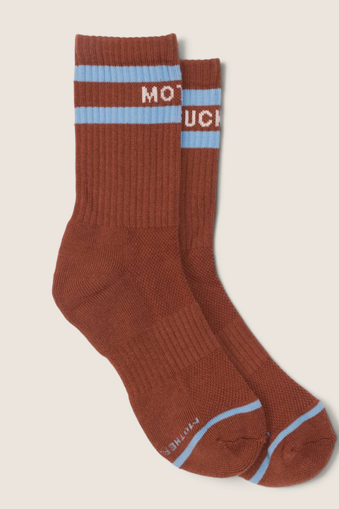 Bolina Baby Steps ribbed tube socks in cocoa brown with light blue stripes and white MOTHER text detail.