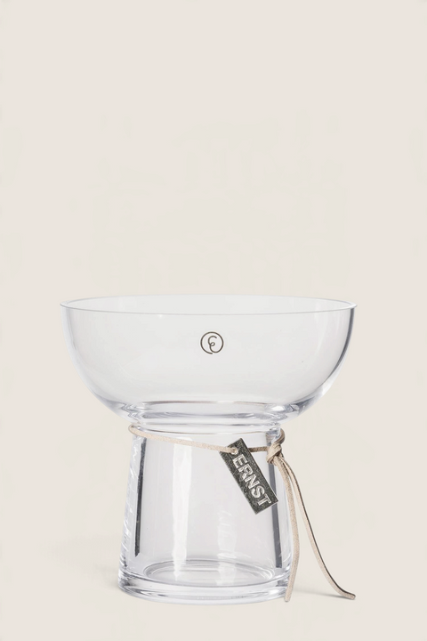 Bolina Ernst løkvase i klart glass, 11 cm høy, med dekorativt merke og snor for hyasinter.