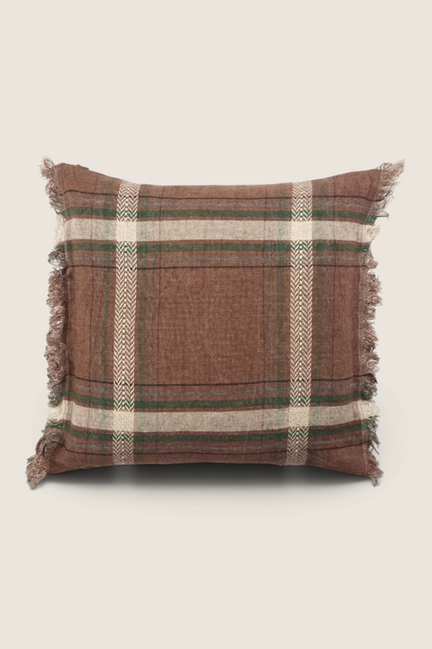 Bolina Rowan square cushion cover in brown and green check pattern with decorative frayed edges