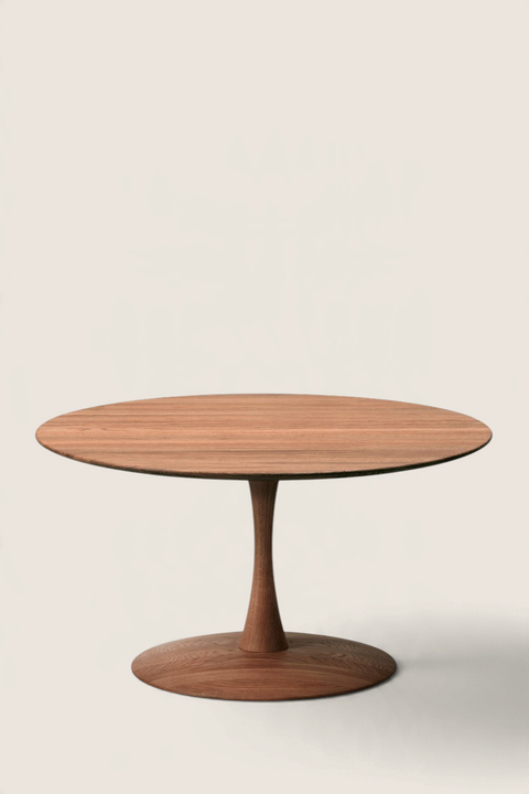 Bolina Trisse 5114 round coffee table in smoked oak with a sculptural pedestal base and 90cm diameter surface