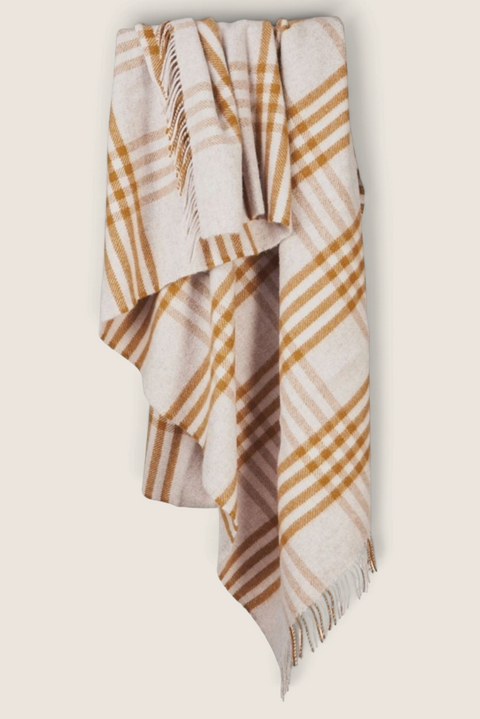 Bolina Tweedmill extra large wool throw in English Mustard and beige hex check pattern with fringed edges