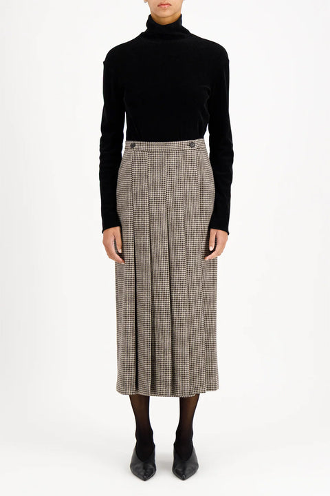 Skjørt - Long Plated Skirt Patterned Moleskin Beige Houndstooth