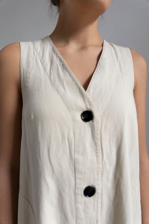 Kjole - Buttoned Cotton Linen Canvas Dress