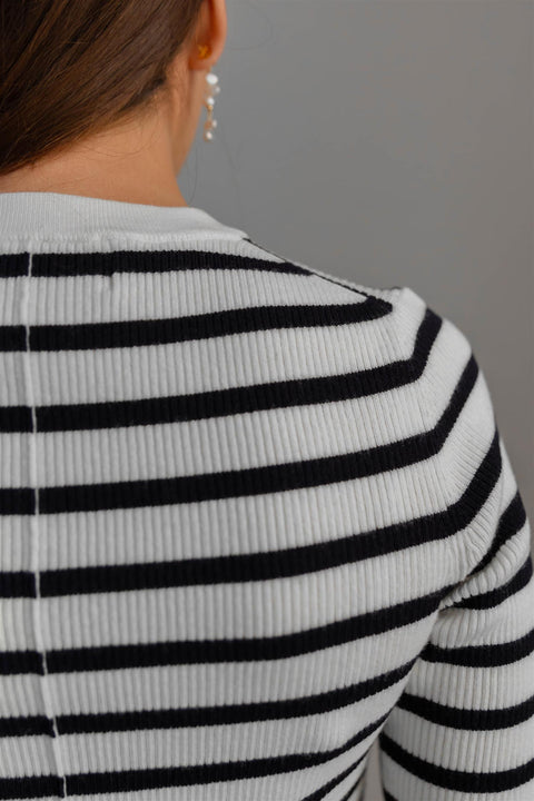 T-Skjorte - Midi Sleeve Rib Tee Cream Navy Stripe