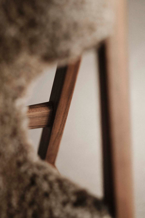 Lenestol | Knitting Lounge Chair, Dark Stained Oak, Sheepskin Root